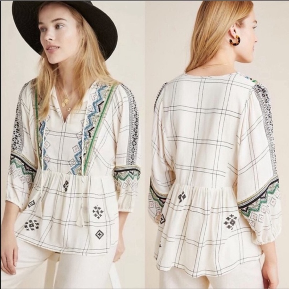 Anthropologie White and Green Embroidered Top